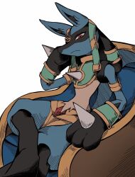  ancient_egyptian_clothes black_fur blue_fur brown_fur chair clothed_pokemon highres looking_at_viewer lucario lucario_(ruins) multicolored_fur official_alternate_costume pokemon pokemon_(creature) pokemon_unite red_eyes simple_background sitting solo ttftuv white_background 