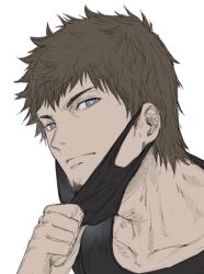  1boy ardbert_hylfyst black_shirt blue_eyes brown_hair closed_mouth collarbone facial_hair final_fantasy final_fantasy_xiv goatee looking_at_viewer looking_to_the_side male_focus mask_pull mouth_mask_under_chin shirt short_hair simple_background solo t-shirt white_background zanki 