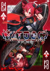  2girls adachi_rei ahoge angel_wings argyle_background artist_request belt belt_buckle black_bow black_ribbon black_wings blush bow buckle cape card_(medium) check_artist collared_dress double-parted_bangs dress drill_hair drop_shadow epaulettes hair_between_eyes hand_on_own_chest highres holding holding_walkie-talkie kasane_teto kasane_teto_(sv) kasane_teto_(utau) light_blush logo military_uniform momone_momo multiple_girls necktie partially_shaded_face pink_nails playing_card_(medium) red_bow red_cape red_eyes red_hair red_necktie red_ribbon ribbon second-party_source shachi-kun_jup short_necktie side_cape sleeve_cuffs sparkle synthesizer_v tetofes thumbs_up twin_drills utane_uta utau walkie-talkie wings wyawon yamine_renri 