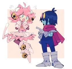  1girl 1other 2525nicc @_@ ahoge animal_ears armor bell bell_ear_ornament blue_hair blue_skin boots border breastplate cape cat_ears cat_girl cat_tail colored_skin cutie_mew_mew_magic_(deltarune) deltarune dress eyewear_on_head frilled_dress frills full_body gauntlets gloves gold_bell greaves green_eyes hair_bell hair_ornament heart heart_locket heart_necklace heart_pendant highres jewelry knight kris_(dark_world)_(deltarune) kris_(deltarune) locket mad_mew_mew necklace own_hands_together pauldrons pendant pink-tinted_eyewear pink_cape pink_dress pink_frills pink_hair pink_scarf pointing pointing_at_another scarf short_hair shoulder_armor tail tinted_eyewear utdr_(toby_fox) white_boots white_border white_gloves yellow-tinted_eyewear 