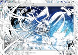  1girl artist_name blue_eyes blue_hair blue_sky clouds commentary double-parted_bangs floating_hair hair_between_eyes hatsune_miku icon_(computing) long_hair microsoft_windows niyemiiii power_lines see-through_body sky solo twintails untranslatable_commentary vocaloid window_(computing) 