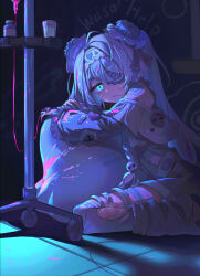  1girl bag bandaid barcode black_survival blood blue_eyes colored_blood commentary_request dark english_commentary english_text eternal_return:_black_survival eyepatch hair_ornament headband heart_ornament highres intravenous_drip korean_commentary leaning mixed-language_commentary open_mouth pill_ornament pink_blood seasalt_flavour sissela_(black_survival) sitting skull_hair_ornament skull_ornament solo tile_floor tiles torn_clothes white_headband 