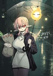  1girl 1other absurdres bag breasts commentary_request elf fireball grocery_bag highres holding holding_umbrella jacket kina_lillet korean_commentary korean_text large_breasts looking_at_viewer monster open_clothes open_jacket pantyhose pink_hair player_(webtoon) pointy_ears rain red_eyes road shopping_bag smile ssambatea sweater turtleneck turtleneck_sweater umbrella 
