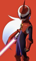  1boy assault_visor black_bodysuit blade_arm bodysuit closed_mouth energy_sword helmet highres long_hair looking_at_viewer male_focus mega_man_(series) mega_man_battle_network_(series) noro_zt protoman.exe red_background red_helmet solo sword very_long_hair weapon white_hair 