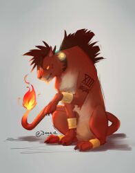  1boy absurdres claws collar draikir english_commentary fiery_tail final_fantasy final_fantasy_vii fire furry furry_male gold_bangle grey_background highres male_focus red_fur red_xiii roman_numeral signature sitting tail 