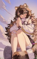  1girl absurdres ahoge animal_ear_fluff animal_ears arknights bandaid bandaid_on_knee bandaid_on_leg braid brown_hair chinese_commentary clouds commentary_request crying crying_with_eyes_open detached_sleeves feet_out_of_frame freckles hair_between_eyes hair_ornament hairclip hands_up highres knees_up long_hair long_sleeves multicolored_hair own_hands_clasped own_hands_together raccoon_ears raccoon_girl raccoon_tail sitting sky solo streaming_tears tail tears thick_eyebrows timeslot_(arknights) twin_braids white_sleeves x_hair_ornament xiao_neng_mao_mao 