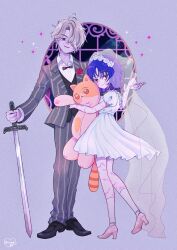  1boy 1girl absurdres adam's_apple artist_name bare_arms black_bow black_bowtie black_shoes black_vest block_heels blue_hair body_markings bow bowtie closed_mouth collared_shirt commentary_request curtained_hair dress flower full_body gray-kun_(medianoche)_(zutomayo) gray-kun_(zutomayo) grey_hair grey_jacket grey_pants hair_flower hair_ornament hair_over_one_eye hand_on_hilt hand_up head_tilt high_heels highres holding holding_stuffed_toy hugging_doll hugging_object jacket lapels loafers long_sleeves looking_at_viewer medianoche_(zutomayo) miiyo mole mole_under_eye nira-chan nira-chan_(medianoche)_(zutomayo) notched_lapels one_eye_covered open_clothes open_collar open_jacket open_mouth pants parted_bangs partial_commentary pink_shoes planted planted_sword puffy_short_sleeves puffy_sleeves purple_background rose see-through_clothes see-through_veil shirt shoes short_hair short_sleeves signature smile smirk socks sparkle standing striped_clothes striped_jacket stuffed_animal stuffed_cat stuffed_toy suit suit_jacket suit_pants sword traditional_bowtie turning_head veil vertical-striped_clothes vertical-striped_jacket vest waistcoat weapon white_dress white_flower white_rose white_shirt white_socks white_veil zutto_mayonaka_de_ii_no_ni 