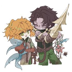  1boy 1girl animal apron ascot brown_apron brown_ascot brown_hair clob_4 closed_eyes commentary_request cowboy_shot fish gloves green_shirt grin hair_tubes half_updo harpoon heathcliff_(project_moon) highres holding holding_animal holding_fish ishmael_(project_moon) ishmael_(the_pequod)_(project_moon) korean_commentary limbus_company medium_hair metal_hair_tubes orange_hair pequod_(identity)_(project_moon) project_moon rope shirt simple_background smile white_background 