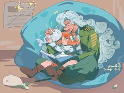  2girls :o aged_down ahab_(project_moon) bean_bag_chair book bow brown_shoes chinese_commentary collared_shirt commentary_request dated green_eyes green_jacket green_pants grey_hair hair_bow hairband happy highres holding holding_stuffed_toy indian_style ishmael_(project_moon) jacket limbus_company long_hair multiple_girls old old_woman open_book orange_hair overalls pants project_moon reading shirt shoes short_hair sitting smile stuffed_toy stuffed_whale twitter_username two_foxes_met white_bow white_shirt 