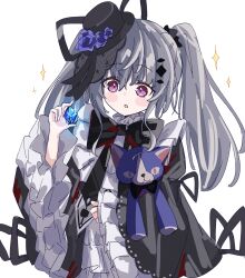 1girl acid_(maimai) bib_collar black_bow black_dress blush_stickers bow bowtie collar dress frilled_collar frilled_dress frilled_sleeves frills gem gothic_lolita grey_hair hat highres holding holding_gem holding_stuffed_toy layered_dress lolita_fashion long_hair long_sleeves maimai_(game) mini_hat mini_top_hat neck_ribbon ribbon simple_background solo sparkle stuffed_animal stuffed_cat stuffed_toy tama_sakura top_hat twintails upper_body violet_eyes white_background wide_sleeves 