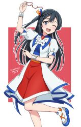  1girl birthday black_hair blush border breasts burn!!_(love_live!) character_name ckst commentary dated english_text glasses grey_eyes happy_birthday highres holding holding_removed_eyewear long_hair looking_at_viewer love_live! love_live!_nijigasaki_high_school_idol_club love_live!_nijigasaki_high_school_idol_club_the_movie_-_finale medium_breasts one_eye_closed one_side_up red-framed_eyewear red_background semi-rimless_eyewear smile solo under-rim_eyewear unworn_eyewear white_border yuki_setsuna 