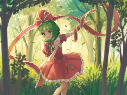  1girl absurdres bow chinese_commentary closed_mouth commentary_request dress falling_petals forest frilled_bow frilled_ribbon frills grass green_eyes green_hair hair_bow highres kagiyama_hina long_hair looking_at_viewer nature outdoors petals red_bow red_dress red_ribbon ribbon smile solo toorooo touhou tree wrist_ribbon 