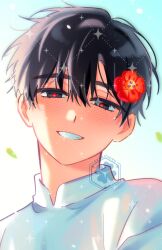  1boy akanichiyu alien_stage artist_logo artist_name black_eyes black_hair choker commentary flower hair_flower hair_ornament highres ivan_(alien_stage) logo male_focus portrait red_flower red_pupils shirt short_hair solo very_short_hair watermark watermark_grid white_choker white_shirt 
