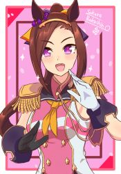  1girl absurdres animal_ears asymmetrical_gloves black_gloves blush breasts brown_hair character_name epaulettes flower_in_eye gloves gold_hairband hairband highres horse_ears horse_girl long_hair looking_at_viewer medium_breasts mgr3na2sup_6 mismatched_gloves neckerchief open_mouth ponytail sakura_bakushin_o_(blossom_in_learning)_(umamusume) sakura_bakushin_o_(umamusume) sleeveless smile solo symbol_in_eye teeth umamusume upper_teeth_only violet_eyes white_gloves yellow_neckerchief 