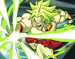  1boy angry bracelet broly_(dragon_ball_z) dragon_ball dragon_ball_z earrings energy_beam gorget green_theme grey_background highres hoop_earrings jewelry male_focus muscular muscular_male necklace red_sash saiyan sash short_hair solo spiky_hair super_saiyan teknodice topless_male white_eyes 