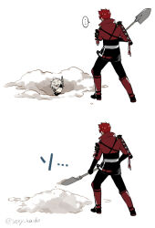  ... 2boys armor black_pants burying_alive character_request closed_mouth eyepatch grey_horns hair_between_eyes holding holding_shovel horns jacket japanese_armor kaidou_j1 leg_armor looking_at_another male_focus multiple_boys ookanehira_(touken_ranbu) pants red_eyes red_hair red_jacket short_hair shoulder_armor shovel single_horn spiky_hair spoken_ellipsis standing touken_ranbu twitter_username white_hair 