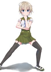  1girl black_thighhighs blue_eyes blue_ribbon frilled_sleeves frills gakkou_gurashi! garter_straps green_sailor_collar green_skirt high-waist_skirt highres looking_at_viewer megurigaoka_high_school_uniform naoki_miki neck_ribbon posing ribbon rokkii_(pixiv77873722) sailor_collar school_uniform serafuku shirt short_hair short_sleeves simple_background skirt smile suspender_skirt suspenders thigh-highs white_background white_hair white_shirt 