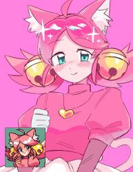  1girl ahoge animal_ears bell blue_eyes blush cat_ears cat_girl cat_tail closed_mouth commentary_request deltarune game_screenshot_inset gloves hair_bell hair_ornament heart heart_necklace highres ika_nomakin jewelry mad_mew_mew magical_girl necklace pink_background pink_hair pink_shirt pixel_art_inset screenshot_inset shirt smile tail utdr_(toby_fox) white_gloves 
