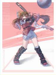  1girl absurdres alternate_costume ball baseball_(object) baseball_(sport) baseball_bat black_gloves boots bow brown_hair character_name chinese_commentary closed_mouth commentary_request frilled_bow frilled_hair_tubes frills gloves hair_bow hair_tubes hakurei_reimu highres holding holding_baseball_bat knee_boots kneehighs long_hair playing_sports red_boots red_bow red_eyes red_shirt ribbon-trimmed_sleeves ribbon-trimmed_socks ribbon_trim s-tea-m shirt short_sleeves shorts socks solo touhou white_shorts white_socks 