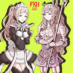  2girls armor commentary_request dagger dual_wielding felicia_(fire_emblem) fire_emblem fire_emblem_awakening fire_emblem_fates fire_emblem_heroes flower hair_flower hair_ornament holding holding_dagger holding_knife holding_polearm holding_weapon knife long_hair maid maid_headdress multiple_girls polearm simple_background sumia_(fire_emblem) sumuco weapon wing_hair_ornament 