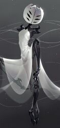  1girl arthropod_girl arthropod_limbs black_skin colored_skin commentary_request dress extra_eyes first_sinner_(hollow_knight) full_body grey_background highres hollow_eyes hollow_knight hollow_knight:_silksong korean_commentary kubek mask solo thread white_dress white_mask 