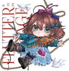  1girl :o absurdres ahoge blue_bow blue_dress blue_eyes blue_pants blue_scarf boots bow brown_boots brown_hair character_name chibi commentary delia740 dress flutterpage full_body hair_bow highres holding holding_staff multiple_hair_bows orange_scarf outstretched_arms pants pants_under_dress purple_bow reverse:1999 rope scarf short_hair simple_bird solo spread_arms staff two-tone_scarf white_background 
