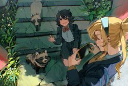  2girls absurdres bag black_hair black_headband black_jacket black_skirt blonde_hair blue_eyes bow bowtie closed_eyes glasses grin hair_between_eyes headband highres holding holding_bag holding_phone jacket jiguang_haibao kneeling koishikawa_iko long_hair long_sleeves looking_at_viewer momijiyama_teru multiple_girls open_clothes open_jacket phone pleated_skirt ponytail red_bow red_bowtie scar scar_across_eyebrow scar_on_face school_bag semi-rimless_eyewear shirt short_hair shy_(series) skirt smile sweater_vest tanuki teeth white_shirt yellow_sweater_vest 
