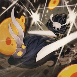  2others black_cloak black_eyes black_mask black_skin blurry boss_fight broken_vessel_(hollow_knight) cloak colored_skin commentary cracked_mask depth_of_field duel english_commentary full_body highres holding holding_weapon hollow_eyes hollow_knight horned_mask jun_(navigavi) knight_(hollow_knight) looking_at_another making-of_available mask motion_blur motion_lines multiple_others nail_(hollow_knight) old_nail_(hollow_knight) weapon yellow_eyes 