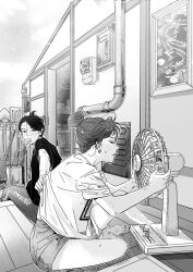  2girls blush bumped_into_x closed_eyes clothes_grab commentary_request dam_(bumped_into_x) dragon earrings eating electric_fan feet food full_body hair_bun hand_fan highres holding holding_fan house ice_cream industrial_pipe jewelry korean_commentary looking_at_another minjin_(bumped_into_x) monochrome multiple_girls official_art on_floor outdoors painting_(object) pants shirt shorts shovel sitting sleeves_rolled_up stairs sweat sweatdrop t-shirt toes yeongol yuri 