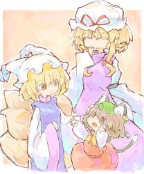  3girls animal_ear_fluff animal_ear_piercing animal_ears animal_hat blonde_hair blue_tabard bow bowtie brown_eyes brown_hair cat_ears cat_tail chen choker commentary dress earrings fox_tail green_hat hair_bow hat hat_ribbon highres hoop_earrings jewelry kitsune long_hair long_sleeves mob_cap multiple_girls multiple_tails nekomata purple_dress red_bow red_ribbon red_skirt red_vest ribbon ribbon_choker shirt single_earring skirt tabard tail touhou two_tails vest white_dress white_hat white_shirt yakumo_family_(touhou) yakumo_ran yakumo_yukari yamasina009 yellow_bow yellow_bowtie yellow_eyes 