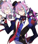  1boy animal_ears aqua_hair cat_boy cat_ears cat_tail closed_eyes closed_mouth facial_mark grey_background hands_on_own_hips hat highres hoshi-toge kamishiro_rui looking_at_viewer male_focus mini_hat mini_top_hat multicolored_hair open_mouth project_sekai purple_hair short_hair smile solo star_(symbol) star_facial_mark stuffed_animal stuffed_cat stuffed_toy tail top_hat yellow_eyes 