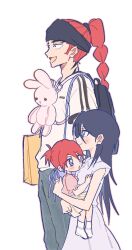  1boy 2girls abarai_ichika abarai_renji backpack bag black_bag black_hair black_headband bleach blue_eyes blush braid braided_ponytail child closed_mouth couple dress father_and_child father_and_daughter grey_dress grey_pants hair_between_eyes headband hetero highres husband_and_wife kuchiki_rukia long_hair mother_and_child mother_and_daughter multiple_girls open_mouth pants parent_and_child parted_lips pink_dress ponytail red_hair short_ponytail short_sleeves sideburns smile stuffed_animal stuffed_rabbit stuffed_toy techimi white_background yellow_bag 