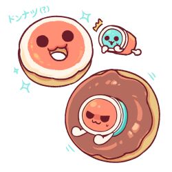  :3 :d ? ^^^ commentary doughnut food highres kaoling no_humans open_mouth pun simple_background smile solid_circle_eyes sparkle sweatdrop taiko_no_tatsujin untranslatable_commentary v-shaped_eyes wada_don wada_katsu white_background 