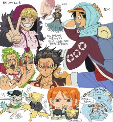  1girl 6+boys amputee animalization armless_amputee backpack bag bandana bartolomeo black_bandana black_hair black_jacket blonde_hair cat coat coat_on_shoulders commentary_request crying donquixote_rocinante fish_boy fur_coat gear_fourth gear_fourth:_snakeman green_hair grin haramaki hat head_bump heart heart-shaped_eyes highres hood jacket jinbe_(one_piece) katana korean_commentary monkey_d._luffy multiple_boys multiple_views myhellody nami_(one_piece) one_piece orange_hair pink_shirt roronoa_zoro sanji_(one_piece) scar scar_across_eye scar_on_face shanks_(one_piece) shirt smile straw_hat sword tears trafalgar_law v weapon white_shirt 