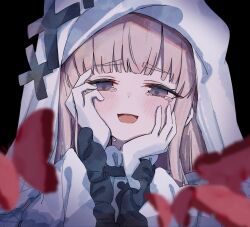  1girl absurdres blush bug butterfly commentary frilled_sleeves frills gloves grey_eyes hair_ornament hand_on_own_face highres hikami_meruru hime_cut long_hair looking_at_viewer magical_girl mahou_shoujo_no_majo_saiban open_mouth red_butterfly smile tama_sakura tears untranslatable_commentary veil white_gloves wide_sleeves x_hair_ornament 