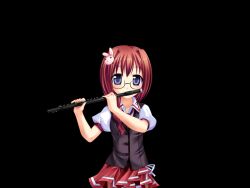  1girl black_background blue_eyes blush braid breasts collared_shirt cowboy_shot flute fumizuki_yukari fuuka_school_uniform_(hara_hara!!) game_asset glasses hair_intakes hair_ornament hair_over_shoulder hara_hara!! holding holding_flute holding_instrument instrument large_variant_set long_hair looking_at_viewer miniskirt necktie non-web_source official_art pink_skirt playing_flute playing_instrument pleated_skirt puffy_short_sleeves puffy_sleeves rabbit_hair_ornament rabbit_ornament red_hair red_necktie school_uniform self-datamine sena_mirai_(hara_hara!!) shirt short_sleeves sidelocks simple_background skirt small_breasts solo standing tachi-e variant_set vest white_shirt 