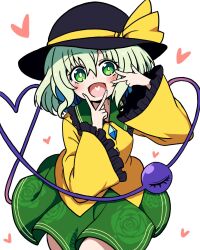  1girl :d black_hat blush bow chirisazame1 commentary_request disembodied_linked_eye frilled_shirt_collar frilled_sleeves frills green_eyes green_hair green_skirt hair_between_eyes hands_up hat hat_bow hat_ribbon heart komeiji_koishi long_sleeves looking_at_viewer open_mouth ribbon shirt short_hair simple_background skirt smile solo standing touhou v white_background wide_sleeves yellow_bow yellow_ribbon yellow_shirt 