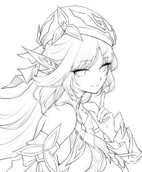  1girl absurdres bare_shoulders breasts chinese_commentary closed_mouth commentary_request detached_sleeves from_side genshin_impact greyscale hand_up hat highres lineart long_hair looking_at_viewer looking_to_the_side medium_breasts monochrome nicole_(genshin_impact) royboy signature simple_background sleeveless smile solo upper_body white_background 