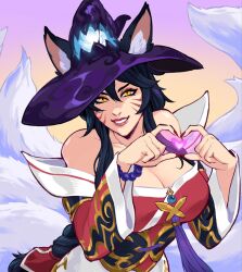  ahri_(league) animal_ears bare_shoulders black_hair bracelet braid breasts facial_mark fox_ears fox_girl fox_tail green_(greeniris) heart heart_hands highres jewelry kitsune korean_clothes kyuubi large_breasts league_of_legends long_hair multiple_tails rabadon's_deathcap red_nails simple_background smile tail whisker_markings yellow_eyes 