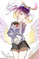  1girl black_bow black_bowtie black_skirt bow bowtie closed_eyes commentary cowboy_shot eyepatch grey_sweater halo highres hololive hololive_english long_hair long_sleeves low_wings medical_eyepatch mole mole_under_eye mw_01m ninomae_ina'nis ninomae_ina'nis_(school_uniform) official_alternate_costume pleated_skirt purple_hair side_ponytail sketch skirt solo sweater tentacle_hair untranslatable_commentary unworn_eyepatch virtual_youtuber white_background wings 
