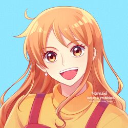  1girl artist_name blue_background brown_eyes earrings english_commentary eyelashes jewelry long_hair looking_at_viewer nami_(one_piece) narasiel official_alternate_costume one_piece open_mouth orange_hair overalls pearl_earrings portrait red_overalls single_sidelock smile solo sweater teeth turtleneck turtleneck_sweater upper_body upper_teeth_only wavy_hair yellow_sweater 