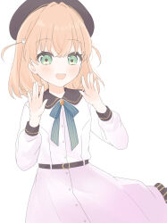  1girl absurdres beret black_hat collared_dress commentary_request contrast_collar cowboy_shot dream_believers dress green_ribbon hat highres hinoshita_kaho long_sleeves looking_at_viewer love_live! love_live!_hasu_no_sora_jogakuin_school_idol_club neck_ribbon orange_hair pink_dress ribbon rounded_collar simple_background solo umi_(nana_spring) virtual_youtuber white_background 