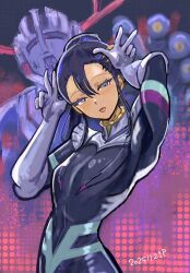  1girl blush commentary_request double_v elbow_gloves gloves gundam gundam_gquuuuuux hands_on_own_head highres looking_at_viewer mecha_pilot_suit mobile_suit mobile_suit_gundam normal_suit_(gundam) nyaan_(gundam_gquuuuuux) okrdisk2000 ponytail purple_hair tongue tongue_out v yellow_eyes zeong 