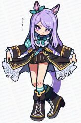  1girl animal_ears aqua_bow aqua_socks black_boots black_jacket black_skirt blush boots bow bowtie closed_mouth coat commentary_request curtsey ear_bow ear_ribbon frilled_coat frilled_jacket frills horse_ears horse_girl horse_tail jacket long_hair long_sleeves looking_at_viewer mejiro_mcqueen_(frontline_elegance)_(umamusume) mejiro_mcqueen_(umamusume) pleated_skirt purple_hair shirt skirt smile socks solo striped_clothes striped_shirt tail takuan_(taku1219oekaki) umamusume violet_eyes 
