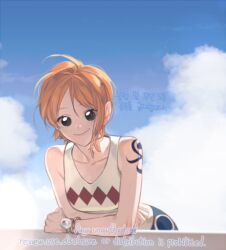  1girl bangle bare_shoulders blue_skirt blue_sky bracelet brown_eyes closed_mouth clouds cloudy_sky collarbone deogbab gold_bangle jewelry leaning_forward log_pose looking_at_viewer nami_(one_piece) one_piece orange_hair outdoors short_hair shoulder_tattoo single_sidelock skirt sky smile solo tank_top tattoo upper_body white_tank_top 
