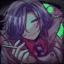  1girl aged_up black_necktie blue_hair brown_coat chiebukuro_setsuka cigarette coat collared_jacket collared_shirt commentary_request danganronpa_another hair_over_one_eye highres holding jacket long_sleeves looking_at_viewer necktie one_eye_covered open_mouth parted_bangs red_shirt shirt short_hair smile solo srm_d_r129 super_danganronpa_another_2 trench_coat violet_eyes watermark 