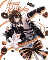  1girl ahoge animal_ear_headphones animal_ears arm_belt asymmetrical_legwear asymmetrical_sleeves bare_shoulders bat_wings belt belt_collar black_choker black_hair black_shoes black_sweater candy cat_ear_headphones cat_ears choker collar commentary cross-laced_clothes cross-laced_dress cup cupcake derk_maxx doughnut dress eyeball_hair_ornament fake_animal_ears food full_body happy_birthday headphones highres in_container in_cup layered_dress leg_belt long_sleeves looking_at_viewer loose_socks mahou_shoujo_no_majo_saiban mini_person minigirl multicolored_hair nail_polish off-shoulder_sweater off_shoulder orange_eyes orange_nails orange_streaks sawatari_coco shirt shoes short_hair single_bare_shoulder single_thighhigh skirt skull socks solo streaked_hair striped_clothes striped_sleeves striped_thighhighs stuffed_animal stuffed_cat stuffed_toy sweater thigh-highs untranslatable_commentary white_background white_shirt white_skirt wings 