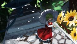  1girl absurdres ascot brown_shoes chinese_commentary closed_mouth collared_shirt commentary_request day ehextra flower frilled_skirt frills full_body green_hair highres holding holding_umbrella kazami_yuuka long_sleeves outdoors parasol plaid_clothes plaid_skirt plaid_vest red_eyes red_skirt red_vest shadow shirt shoes skirt skirt_set solo stone_walkway sunflower touhou umbrella vest white_shirt white_umbrella yellow_ascot yellow_flower 