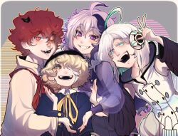  1girl 3boys ahoge androgynous aqua_eyes bandages bandaid bandaid_on_face bandaid_on_nose blonde_hair blue_capelet cable cable_tail capelet commentary crossed_bandaids cyber_fashion english_commentary flag flower_(vocaloid) flower_(vocaloid4) fukase hat head_flag headphones highres huge_ahoge jacket mechanical_tail mini_flag multicolored_hair multiple_boys oliver_(vocaloid) purple_jacket red_hair retrofuturism ribbon sailor_hat streaked_hair tail tiredcatmom tomboy utatane_piko violet_eyes vocaloid white_hair yellow_eyes yellow_ribbon 