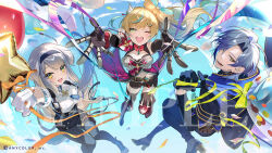  1boy 2girls :d ;d animal_ears aqua_hair aqua_streaks armor balloon bare_shoulders belt belt_pouch black_boots black_capelet black_eyes black_gloves black_hairband black_pants black_shorts black_thighhighs blonde_hair blue_belt blue_capelet blue_hair blue_sky blush boobplate boots bow bow-shaped_hair bowtie breasts brown_belt capelet chest_harness cleavage_cutout clothing_cutout clouds commentary_request company_name copyright_notice curtained_hair dog_ears dog_girl dog_tail elbow_gloves flower_knot fold-over_boots foot_out_of_frame full_body gauntlets gloves green_eyes grey_hair grey_pantyhose hair_between_eyes hair_ornament hair_rings hairband hairclip half_gloves hand_up harness high-waist_shorts high_heel_boots high_heels holding holding_balloon holster id_card large_breasts long_hair long_sleeves looking_at_viewer looking_back medium_breasts medium_hair midair midriff milan_kestrel milan_kestrel_(1st_costume) mitarashi-dan mole mole_under_eye mole_under_mouth monocle multicolored_hair multiple_girls multiple_moles neck_tassel nijisanji official_art one_eye_closed outstretched_arm outstretched_arms pants pantyhose pauldrons paw_shoes pink_bow pink_bowtie poleyn police police_uniform policewoman pouch reaching reaching_towards_viewer sample_watermark shioriha_ruri shioriha_ruri_(1st_costume) shirt short_shorts short_sleeves shorts shoulder_armor side_ponytail single_pauldron single_vambrace sky sleeveless sleeveless_shirt smile streaked_hair streamers swept_bangs tachitsute_toto tachitsute_toto_(1st_costume) tail tassel teeth thigh-highs thigh_boots thigh_holster upper_teeth_only vambraces very_long_hair virtual_youtuber waist_cape watermark white_gloves white_shirt wing_hair_ornament yellow_eyes yu_pa_u 